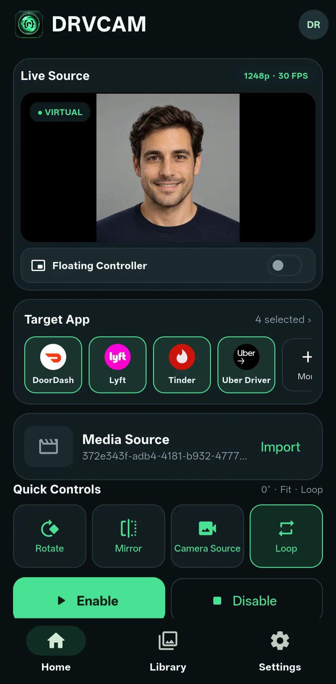 DRVCAM Home screen showing a selected virtual source and target controls