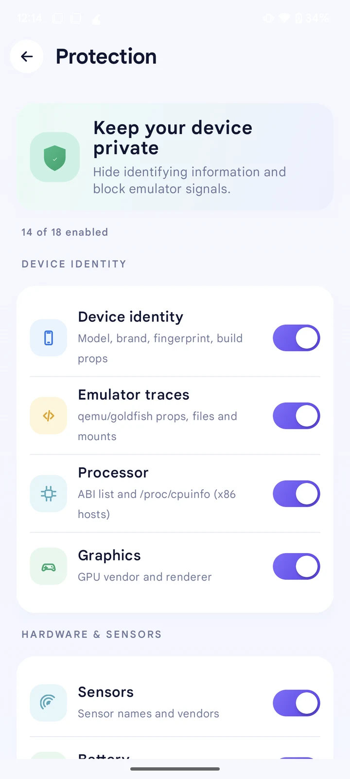 Android ID and Emulator Hider protection screen listing the device identity, emulator traces, processor and graphics switches